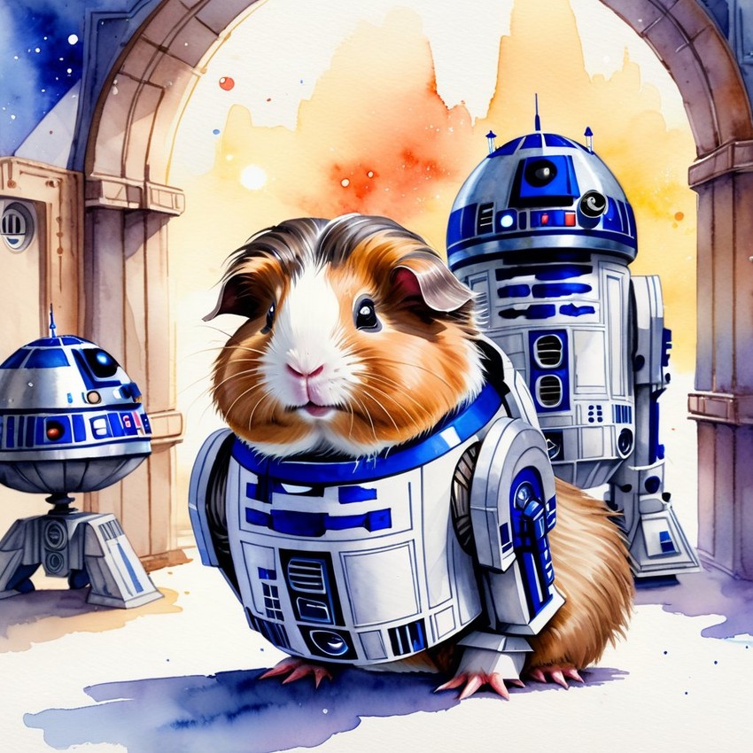 watercolor painting of peruvian guinea pig as r2d2 from star wars, dressed as r2d2 in a vibrant star wars scene.