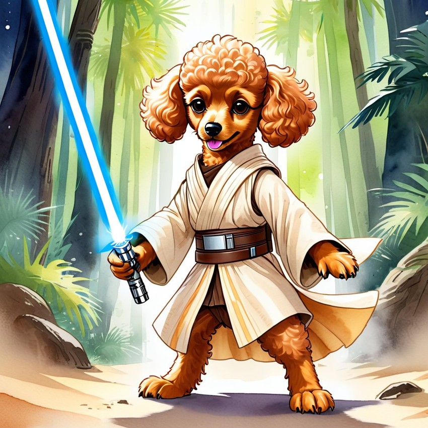 watercolor painting of poodle as a jedi knight, holding a lightsaber with a star wars backdrop in a vibrant, detailed style.