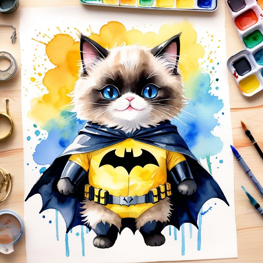 watercolor painting of ragdoll cat as batman, wearing batman suit and mask, vibrant and detailed.