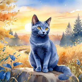 watercolor-painting-russian-blue-cat-golden-hour-vibrant-detailed-illustration-134428f0b1ae4f33850fedfe6a3a0928