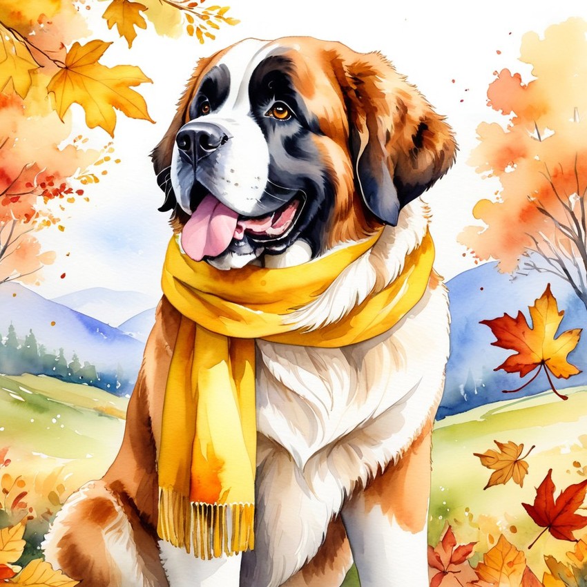 watercolor painting of saint bernard in autumn, wearing a yellow scarf, vibrant and detailed.