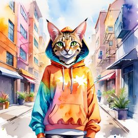 watercolor-painting-savannah-cat-colorful-hoodie-vibrant-urban-setting-8bf74d572d114f3dbc2c46cff1c586ee