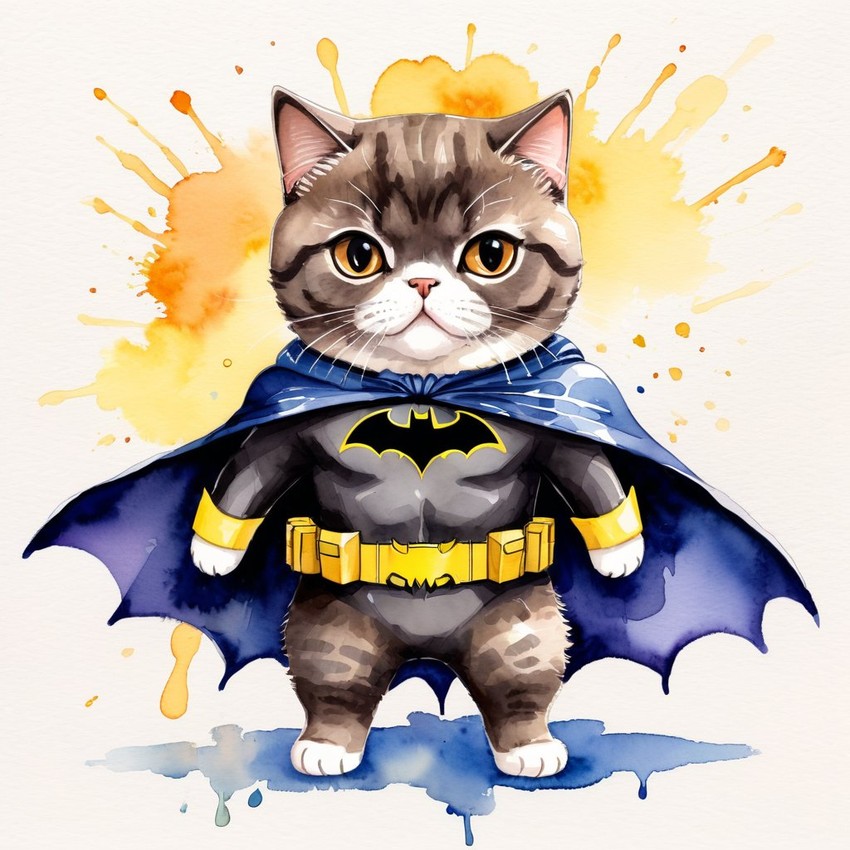 watercolor painting of scottish fold cat as batman, wearing batman suit and mask, vibrant and detailed.