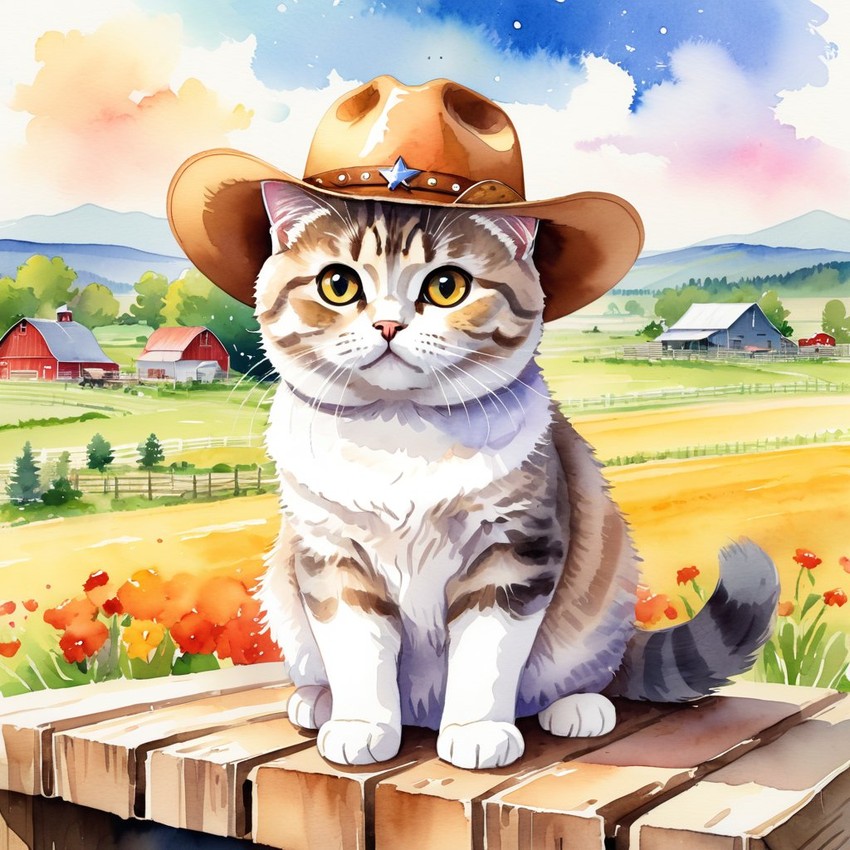 watercolor painting of scottish fold cat as a cowboy wearing a hat, in the midwest countryside, on a farm.