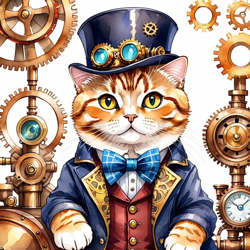 watercolor painting of scottish fold cat in a steampunk style, vibrant and happy, highly detailed with anime influences.