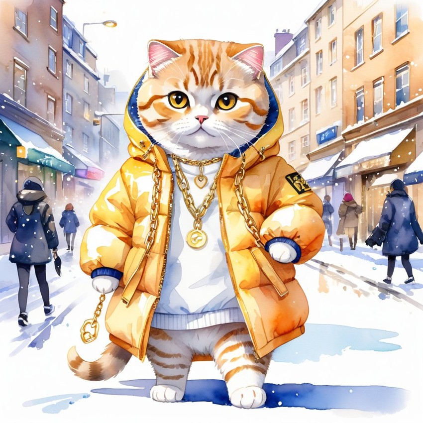 watercolor painting of scottish fold cat in a white puffer coat with golden hip hop chains, set in a posh urban environment.