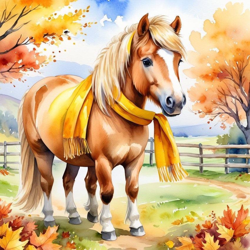 watercolor painting of shetland pony horse in autumn, wearing a yellow scarf, vibrant and detailed.