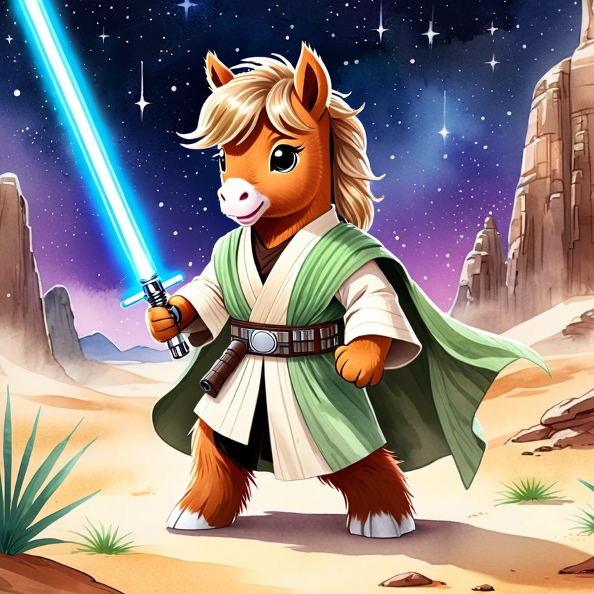 watercolor painting of shetland pony horse as a jedi knight, holding a lightsaber with a star wars backdrop in a vibrant, detailed style.