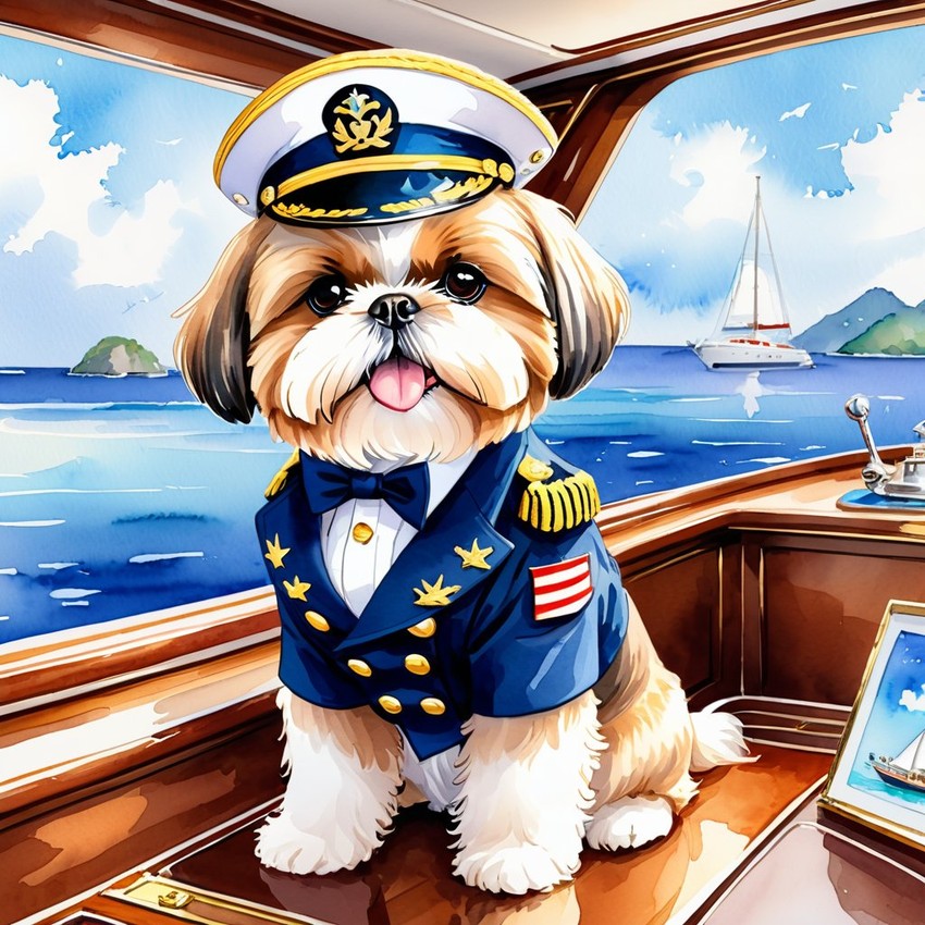 watercolor painting of shih tzu as a captain on a luxury yacht, wearing captain uniform, vibrant and detailed.