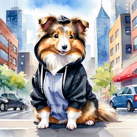 watercolor-painting-silkie-sheltie-guinea-pig-black-hoodie-vibrant-urban-environment-cute-happy-efeb479bc89c470cb05cfdc450d2753f