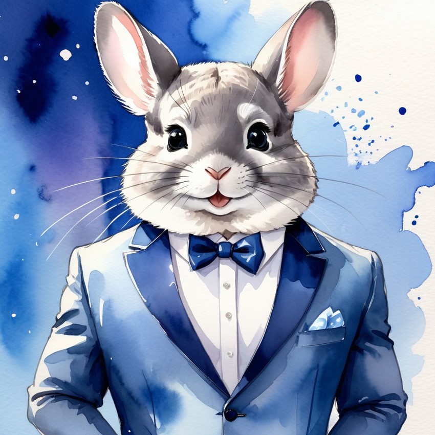watercolor painting of standard grey chinchilla in a classy suit on a fashion stage, capturing elegance and charm in a vibrant, highly detailed illustration.