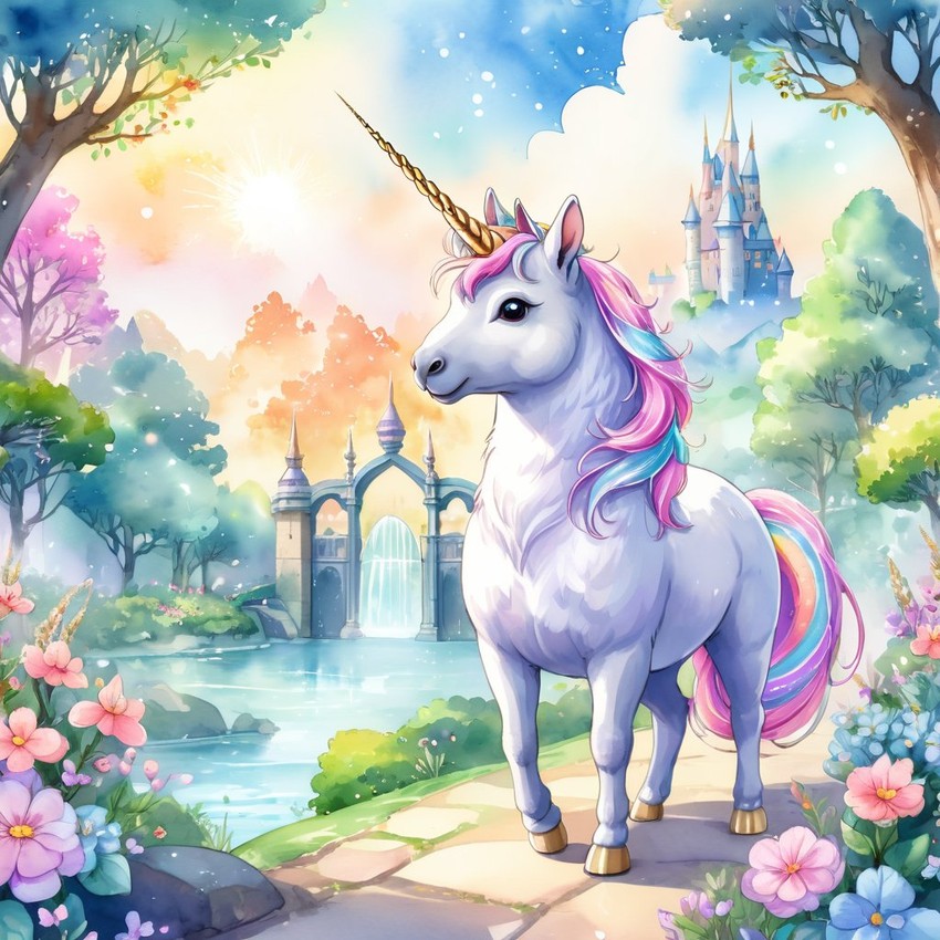 watercolor painting of standard grey chinchilla as a unicorn in a vibrant fairytale setting, capturing a cute and happy scene with detailed illustration.