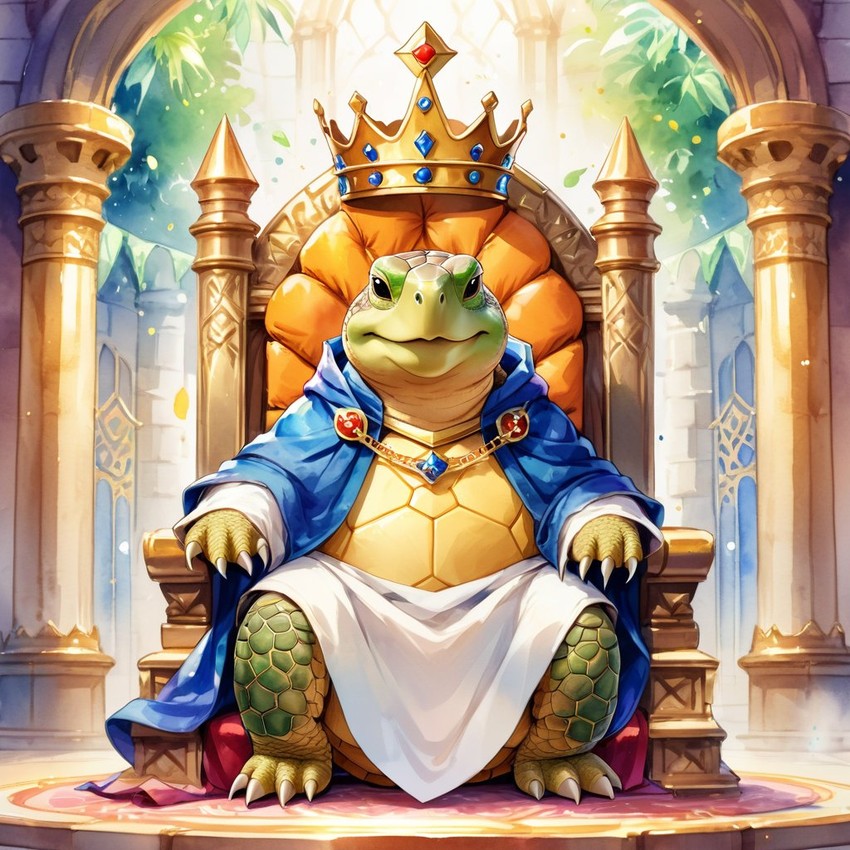 watercolor painting of sulcata tortoise turtle/tortoise as a king in a magical castle, wearing a crown and robe, seated on a throne.