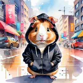 watercolor-painting-teddy-guinea-pig-black-hoodie-vibrant-urban-environment-cute-happy-4a0ad5a78a234f19b3a5ad9a915f58fa