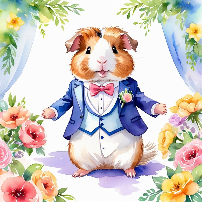 watercolor painting of teddy guinea pig at a wedding in a beautiful wedding suit, looking cute and happy in a vibrant, detailed style.