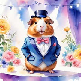 watercolor painting of texel guinea pig in a classy suit on a fashion stage, capturing elegance and charm in a vibrant, highly detailed illustration.