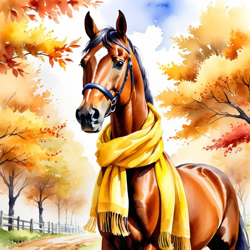 watercolor painting of thoroughbred horse in autumn, wearing a yellow scarf, vibrant and detailed.