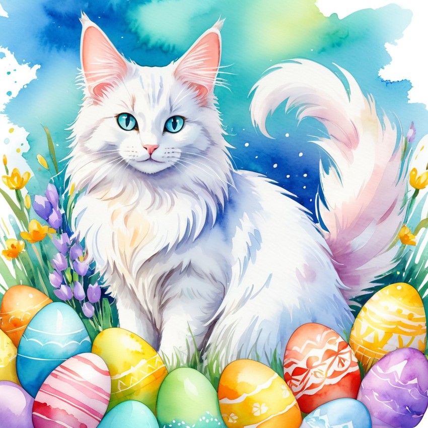 watercolor painting of turkish angora cat in a vibrant easter scene with colorful eggs, highly detailed and joyful.