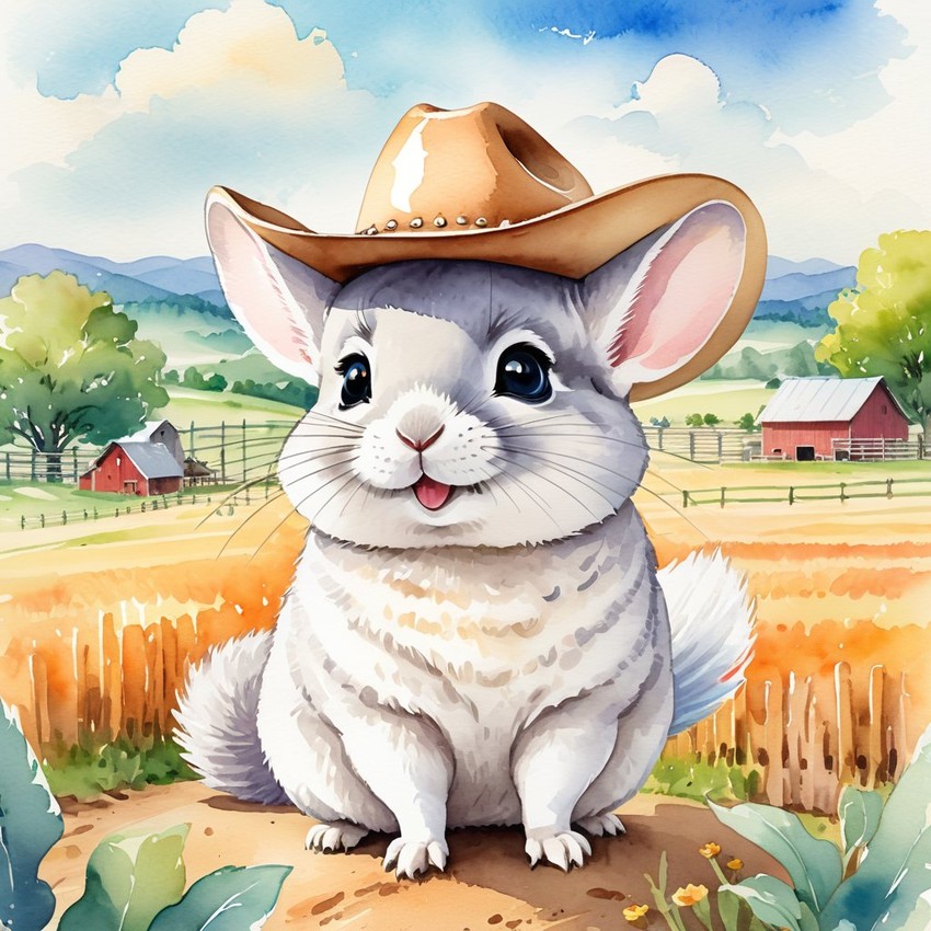 watercolor painting of white chinchilla as a cowboy wearing a hat, in the midwest countryside, on a farm.