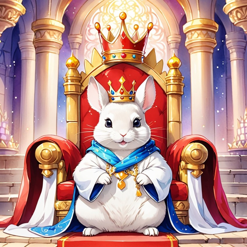 watercolor painting of white chinchilla as a king in a magical castle, wearing a crown and robe, seated on a throne.