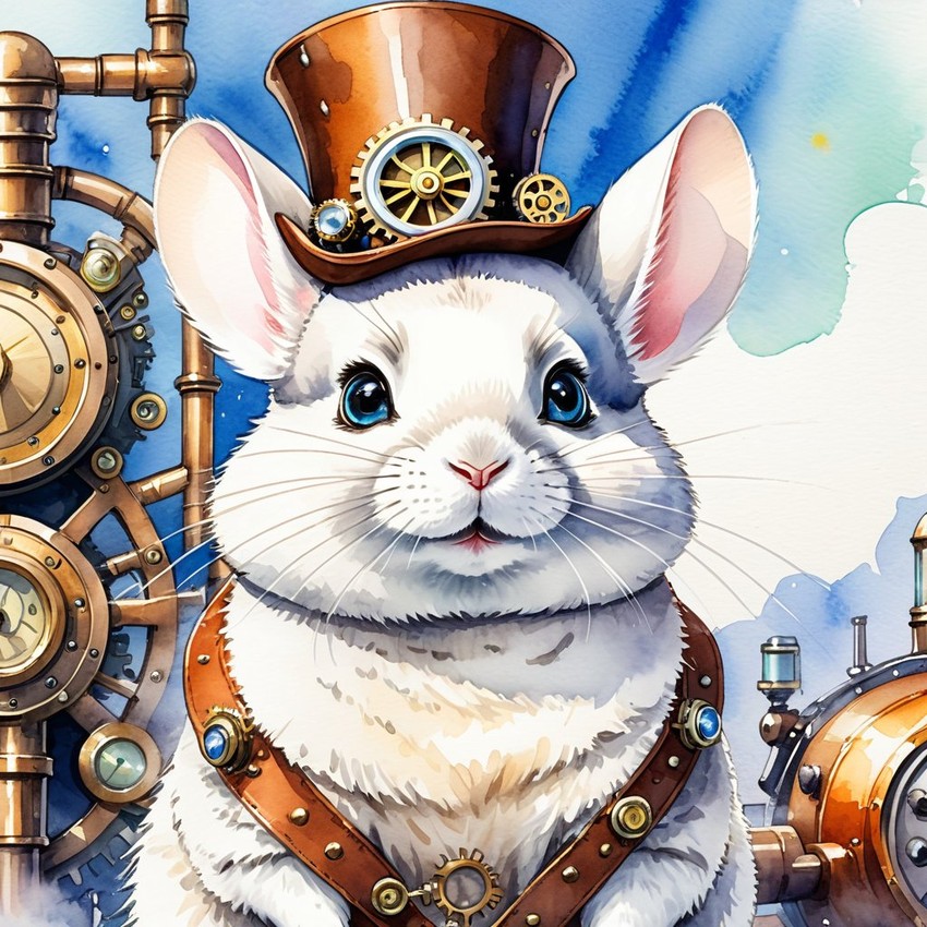 watercolor painting of white chinchilla in a steampunk style, vibrant and happy, highly detailed with anime influences.