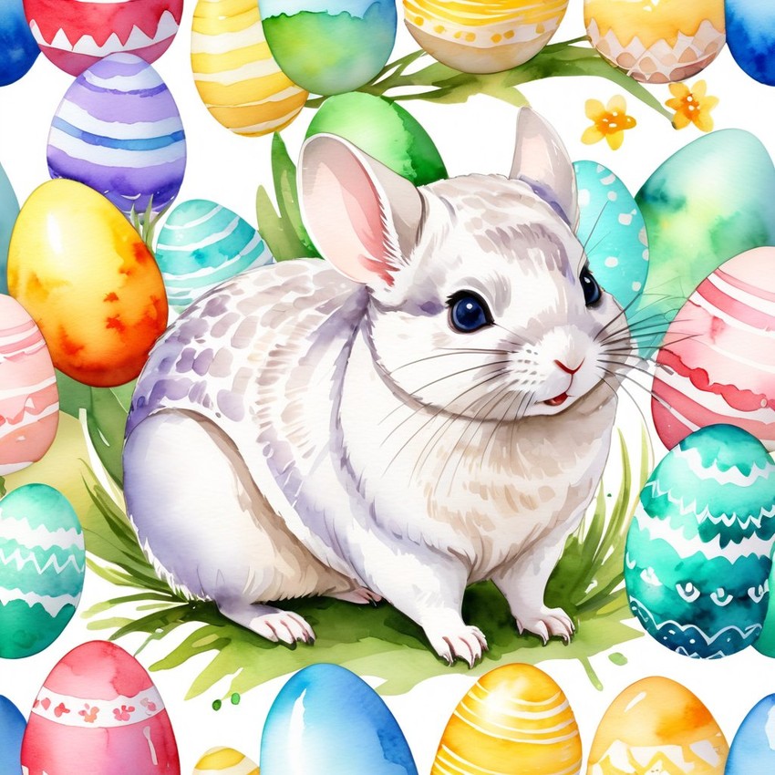 watercolor painting of white chinchilla in a vibrant easter scene with colorful eggs, highly detailed and joyful.