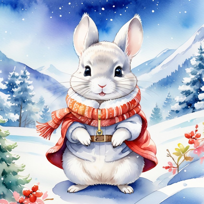 watercolor painting of white chinchilla in a beautiful winter scene, wearing stylish winter clothing, looking cute and happy.