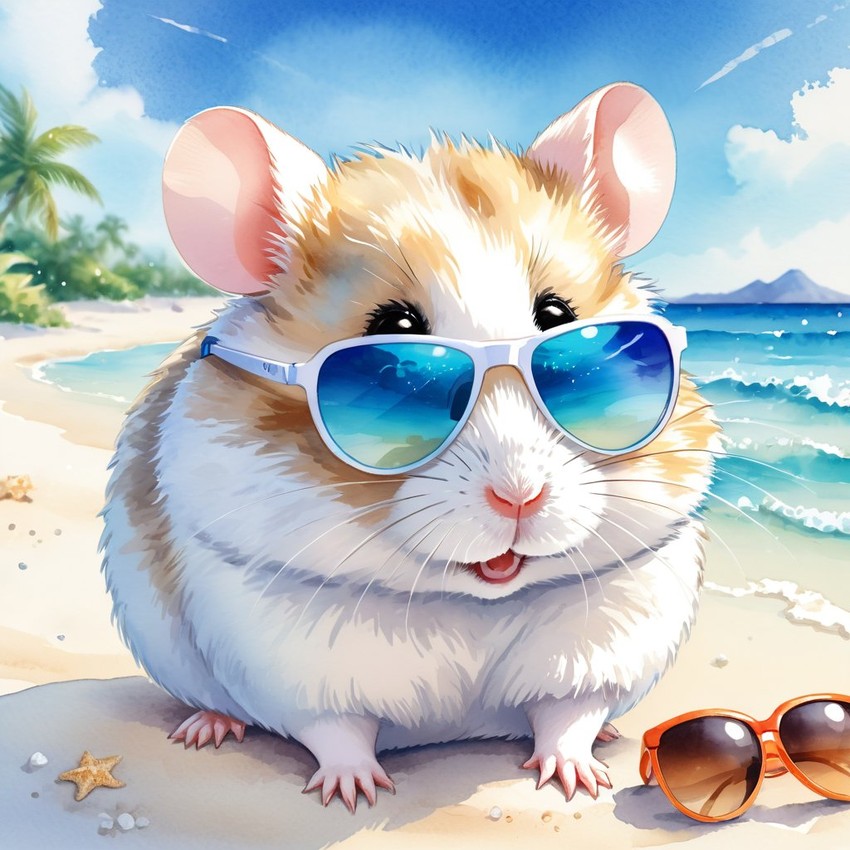 watercolor painting of winter white russian dwarf hamster on a beach with white sand and blue sea, wearing sunglasses.