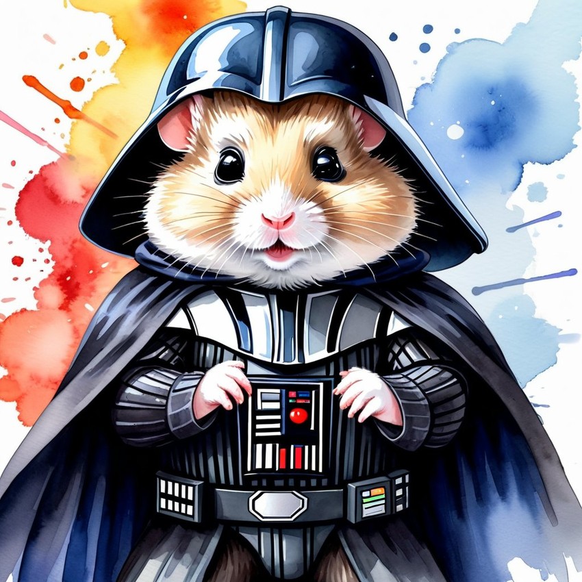 watercolor painting of winter white russian dwarf hamster as darth vader from star wars, dressed as darth vader in a vibrant star wars scene.