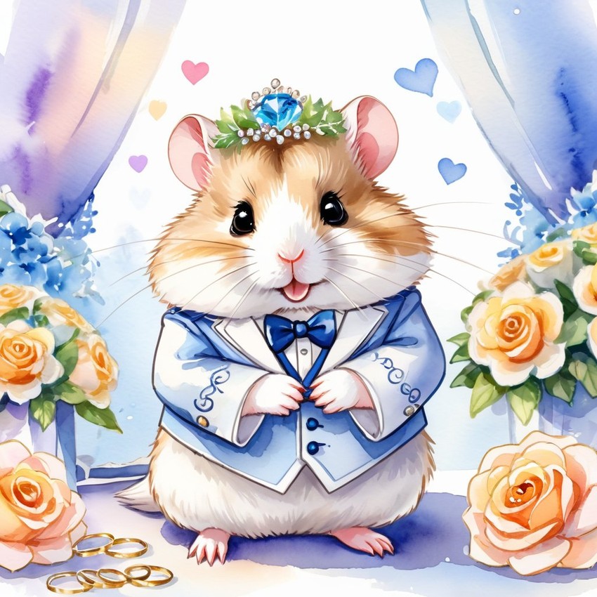 watercolor painting of winter white russian dwarf hamster at a wedding in a beautiful wedding suit, looking cute and happy in a vibrant, detailed style.