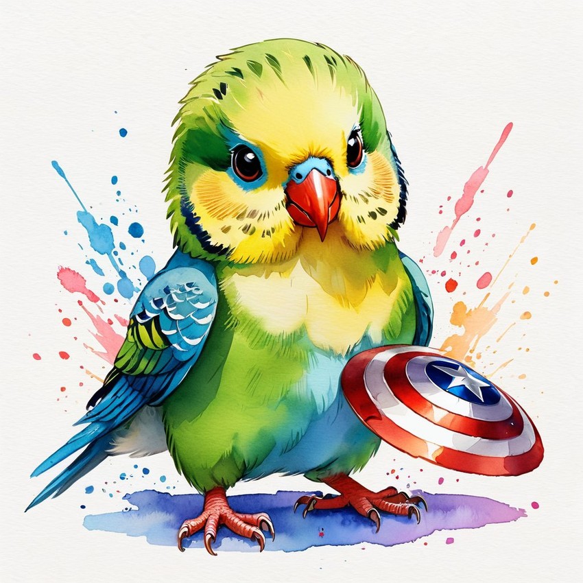 watercolor painting of parakeet (budgerigar) bird as captain america from avengers, vibrant and detailed.