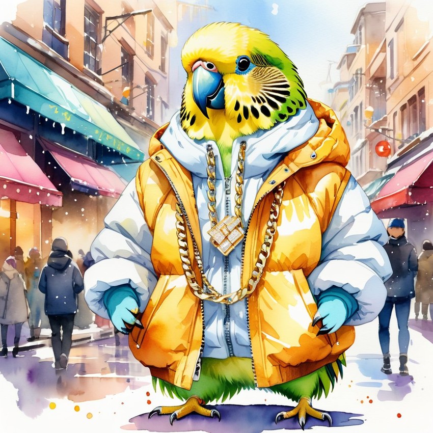 watercolor painting of parakeet (budgerigar) bird in a white puffer coat with golden hip hop chains, set in a posh urban environment.