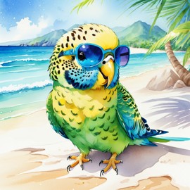 watercolor painting of parakeet (budgerigar) bird on a beach with white sand and blue sea, wearing sunglasses.