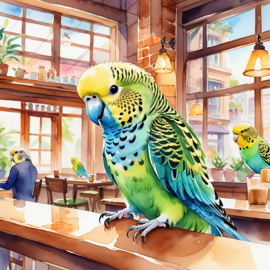 watercolor painting of parakeet (budgerigar) bird sitting in a cozy coffee shop, vibrant and detailed.