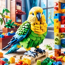 watercolor painting of parakeet (budgerigar) bird as lego bricks, vibrant and detailed in a playful lego environment.