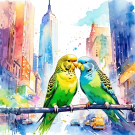 parakeet (budgerigar) bird in new york, rendered in a vibrant watercolor illustration, with a highly detailed and happy depiction.