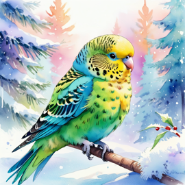 watercolor painting of parakeet (budgerigar) bird in a beautiful winter scene, wearing stylish winter clothing, looking cute and happy.