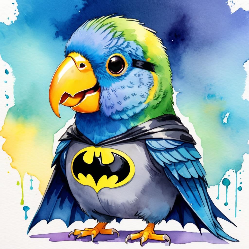 watercolor painting of parrotlet bird as batman, wearing batman suit and mask, vibrant and detailed.