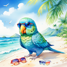 watercolor painting of parrotlet bird on a beach with white sand and blue sea, wearing sunglasses.