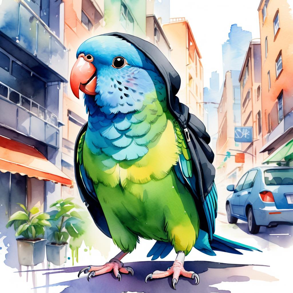 watercolor painting of parrotlet bird in a black hoodie, showcasing a vibrant urban environment with a cute and happy appearance.