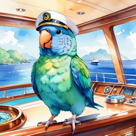 watercolor painting of parrotlet bird as a captain on a luxury yacht, wearing captain uniform, vibrant and detailed.