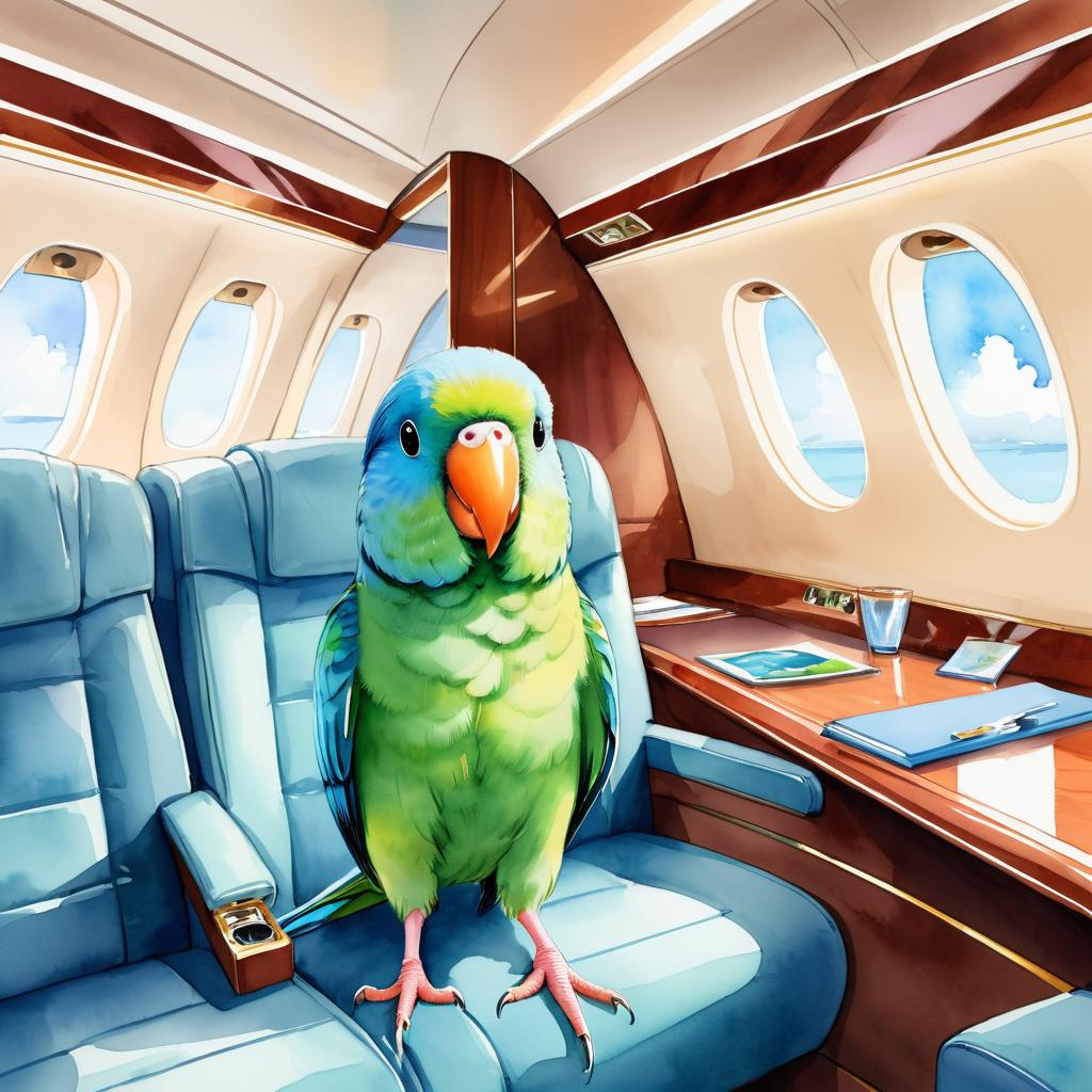 watercolor illustration of parrotlet bird in a gulfstream private jet, dressed in elegant clothing, capturing a posh and vibrant scene.