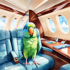 watercolor illustration of parrotlet bird in a gulfstream private jet, dressed in elegant clothing, capturing a posh and vibrant scene.