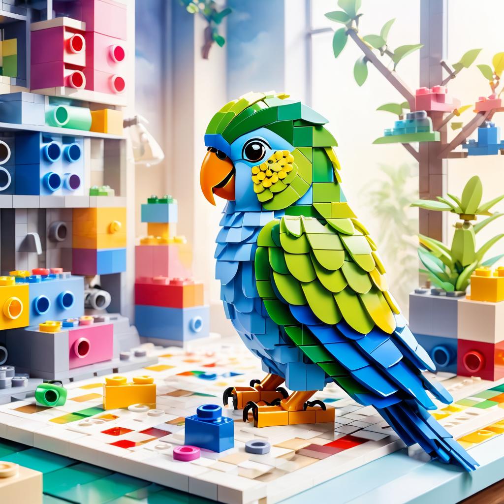 watercolor painting of parrotlet bird as lego bricks, vibrant and detailed in a playful lego environment.