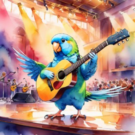 parrotlet bird as a musician in a watercolor painting, playing guitar in a vibrant and detailed concert hall scene.