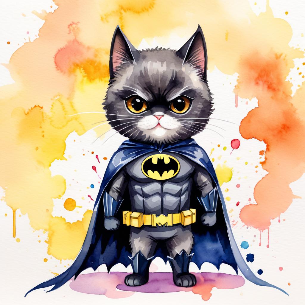 watercolor painting of persian cat as batman, wearing batman suit and mask, vibrant and detailed.