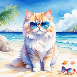 watercolor painting of persian cat on a beach with white sand and blue sea, wearing sunglasses.