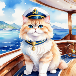 watercolor painting of persian cat as a captain on a luxury yacht, wearing captain uniform, vibrant and detailed.