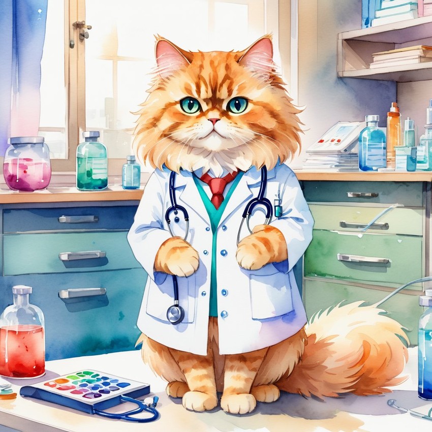 watercolor painting of persian cat as a doctor in a hospital, vibrant and highly detailed, in a studio anime style.