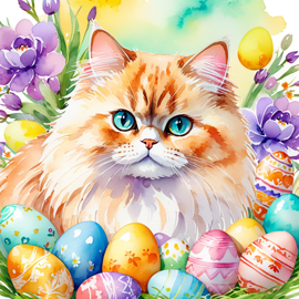 watercolor painting of persian cat in a vibrant easter scene with colorful eggs, highly detailed and joyful.